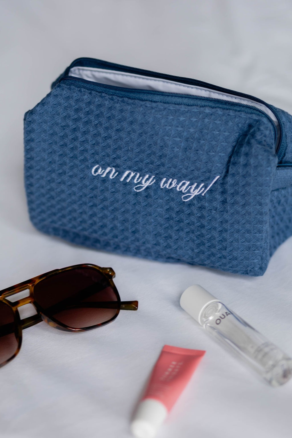 Navy Cotton Waffle Makeup Bag (Small)