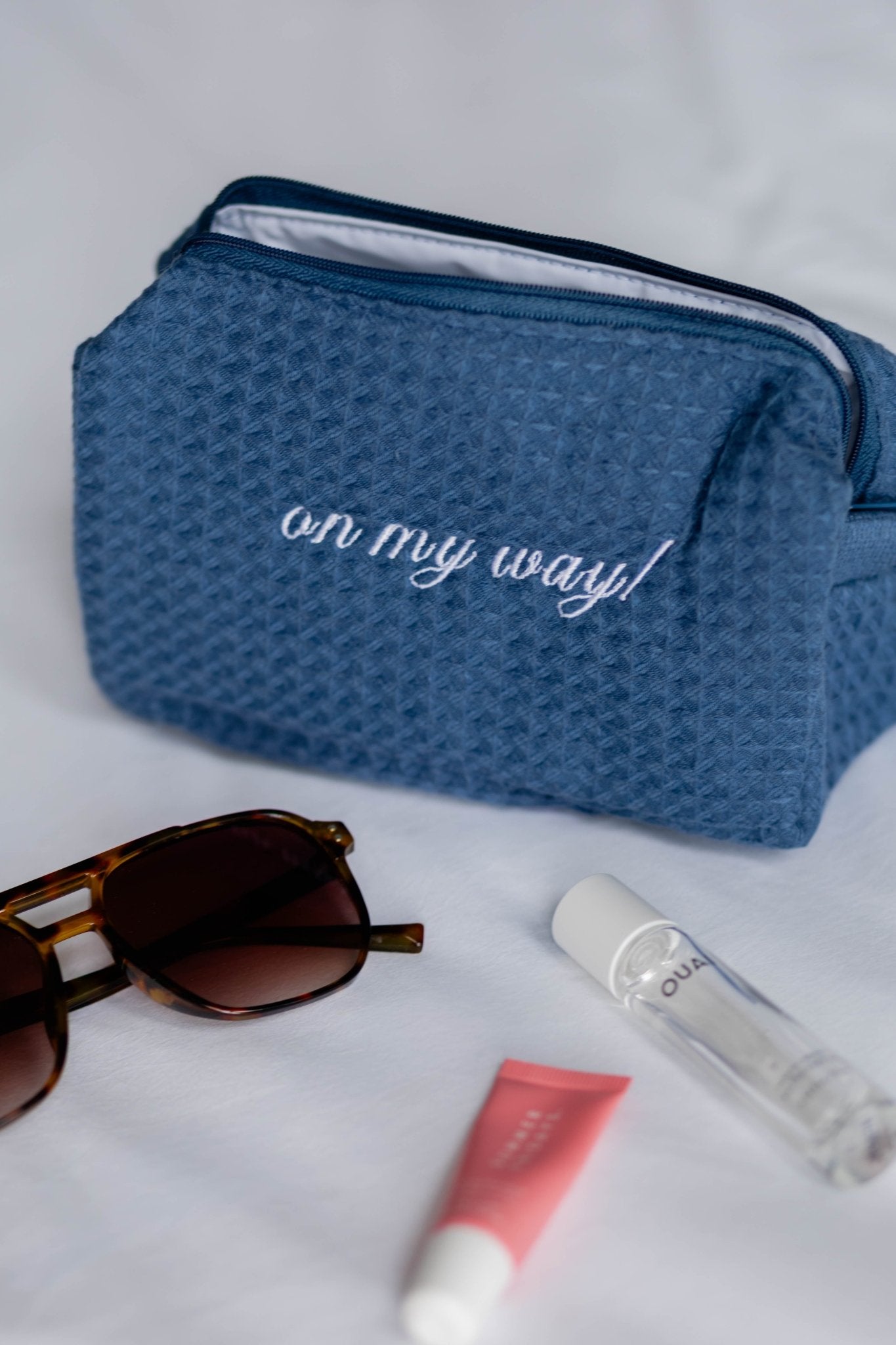 Navy Cotton Waffle Makeup Bag (Small)