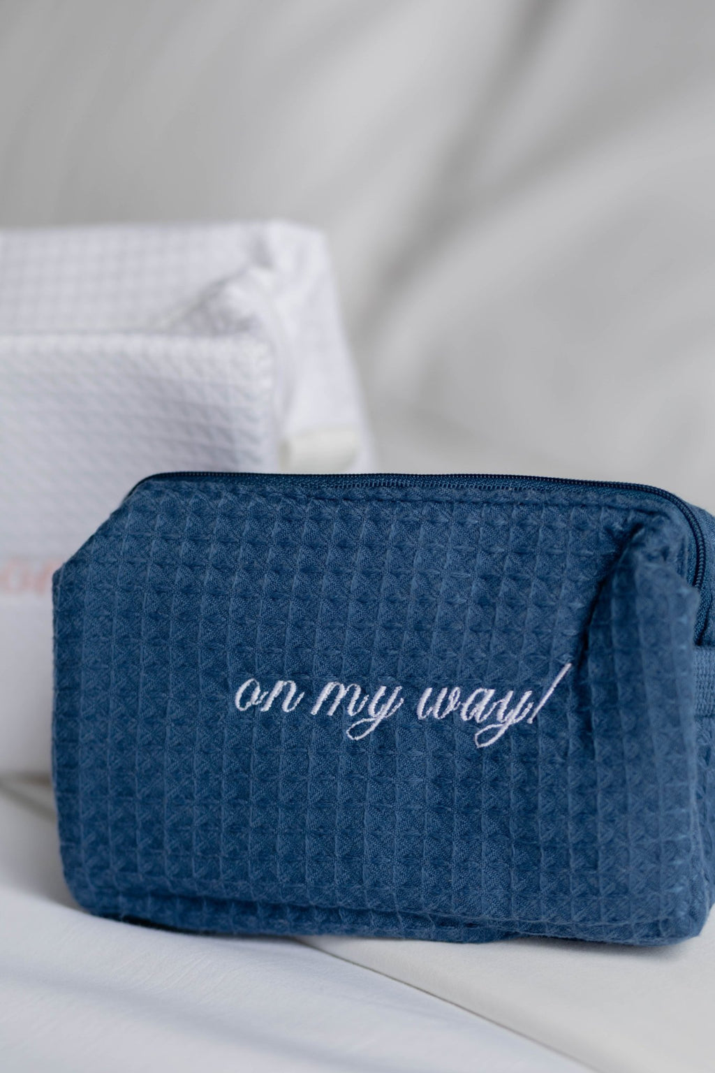 Navy Cotton Waffle Makeup Bag (Small)
