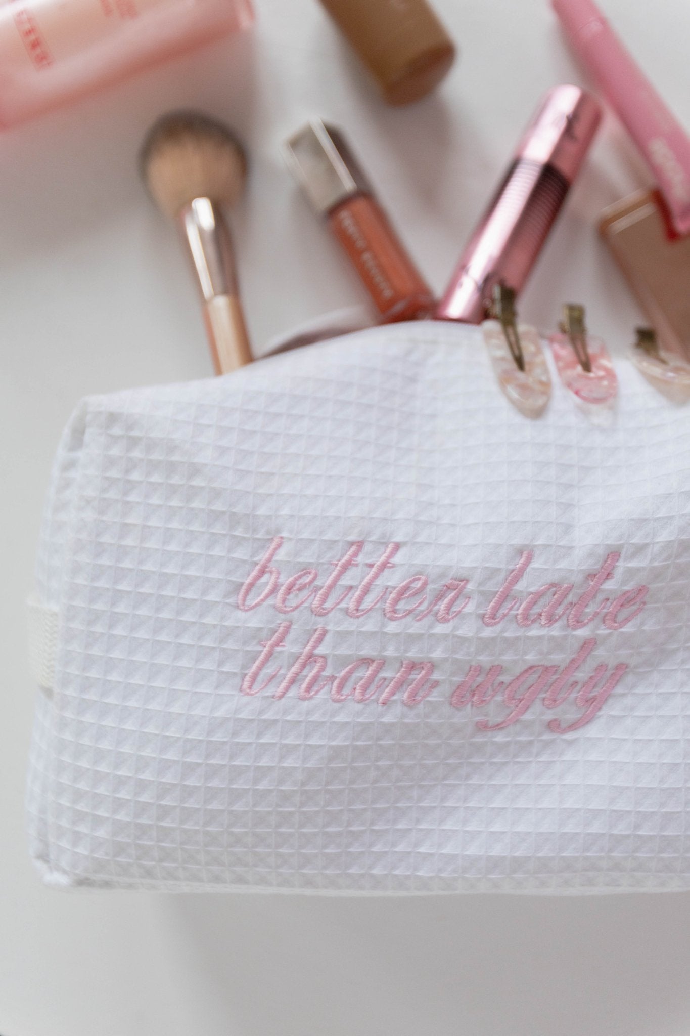 White Cotton Waffle Makeup Bag (Large)